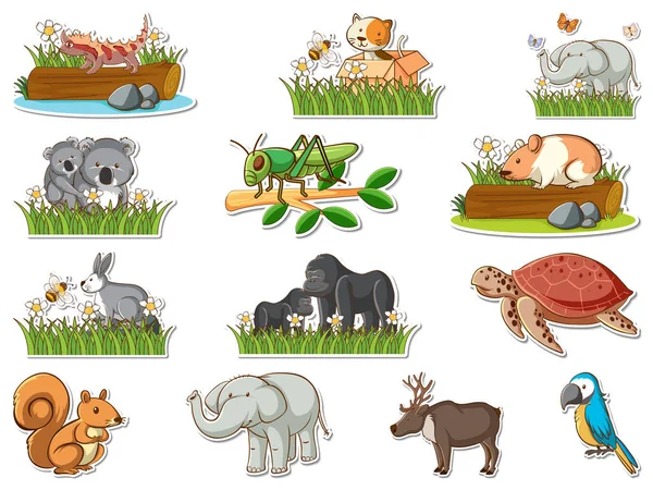 Sticker Set Cartoon Wild Animals Illustration — Vetor de Stock