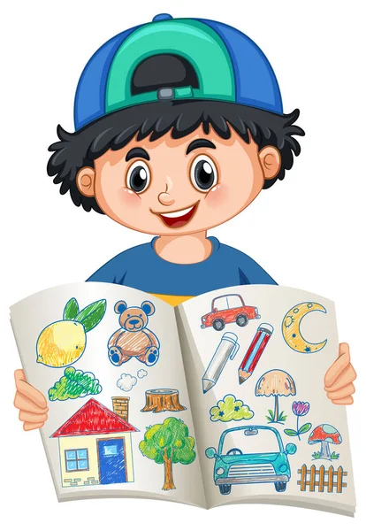 Ευτυχισμένο Αγόρι Κρατώντας Εικονογράφηση Έργο Τέχνης Του — Διανυσματικό Αρχείο