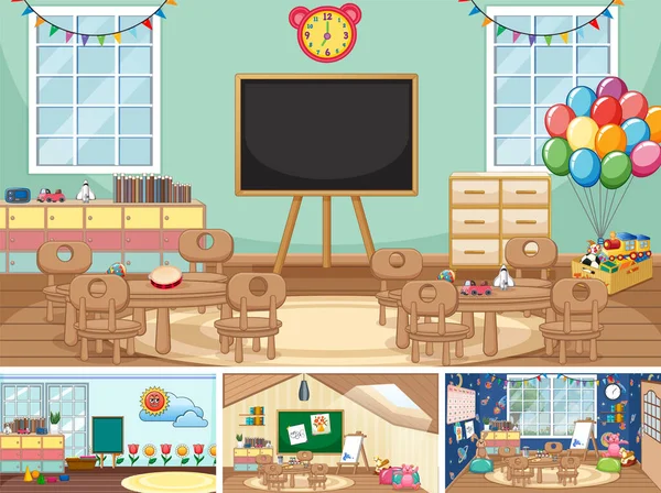 Set Diverse Scene Scuola Materna Classe Illustrazione — Vettoriale Stock