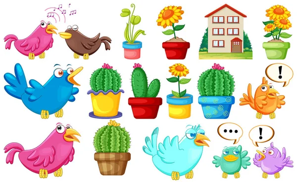 Different House Designs Cute Birds Illustration —  Vetores de Stock