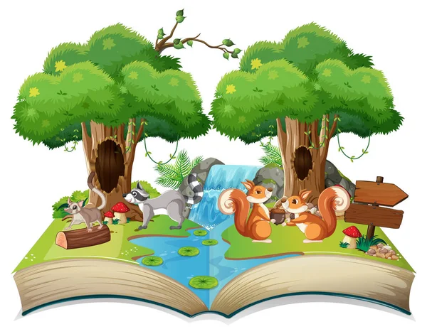 Geöffnetes Fantasy Buch Mit Niedlichen Tieren Illustration — Stockvektor