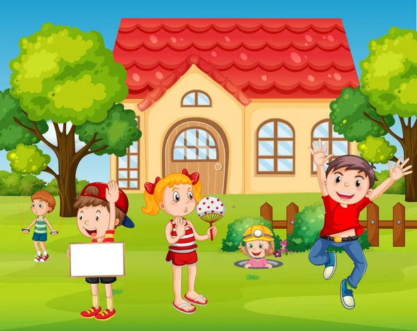 House Scene Many Kids Illustration — Archivo Imágenes Vectoriales