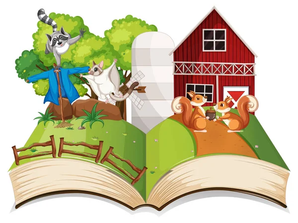 Ouvert Livre Fantaisie Avec Illustration Animaux Mignons — Image vectorielle