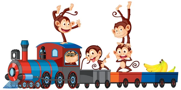 Five Monkeys Riding Train Illustration — Stock Vector