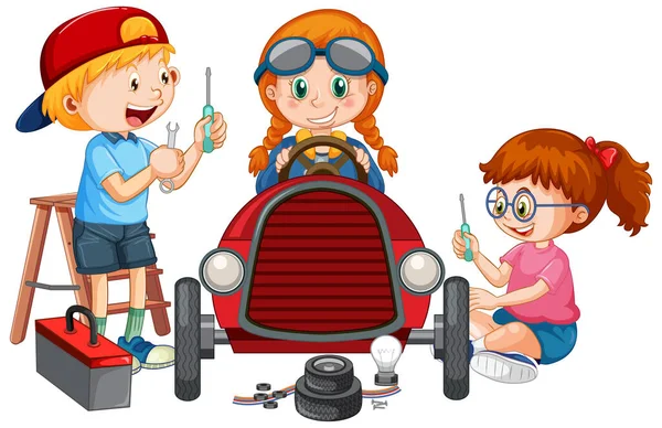 Niños Reparando Coche Juntos Ilustración — Vector de stock