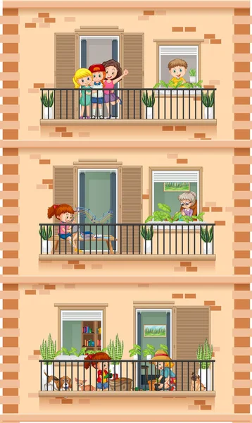 Janelas Apartamento Com Vizinhos Desenho Animado Personagem Ilustração —  Vetores de Stock