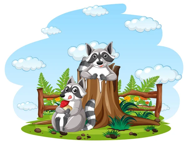 Two Raccoons Park Illustration — Stock Vector