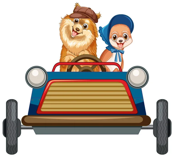 Lustige Hund Cartoon Figur Auto Fahren Auf Weißem Hintergrund Illustration — Stockvektor