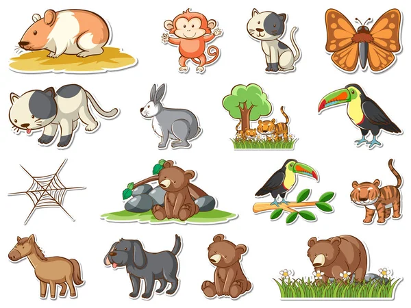 Sticker Set Cartoon Wild Animals Illustration — Stockvektor