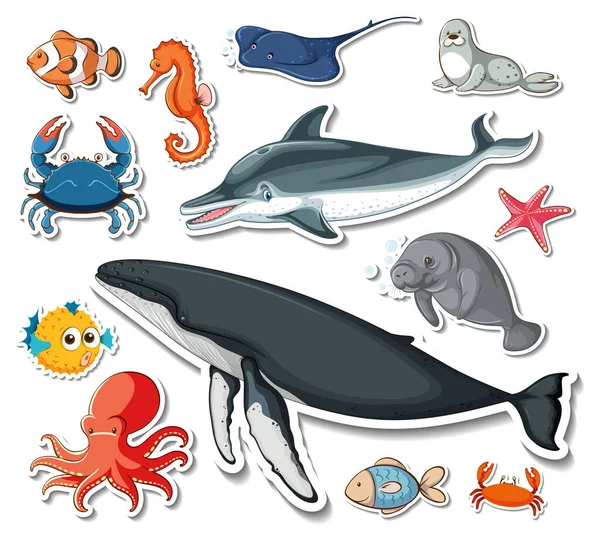 Etiqueta Engomada Diferentes Animales Marinos Ilustración — Vector de stock