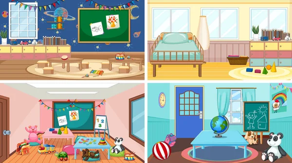 Set Different Kindergarten Classroom Scenes Illustration — Vetor de Stock