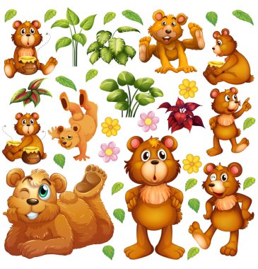 Beyaz arkaplan illüstrasyonuna kurulmuş sevimli hayvanlar