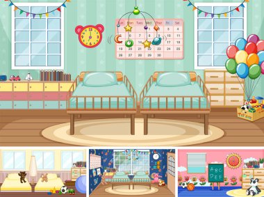 Farklı anaokulu sahneleri çizimleri.