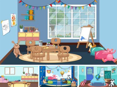 Set of different kindergarten classroom scenes illustration