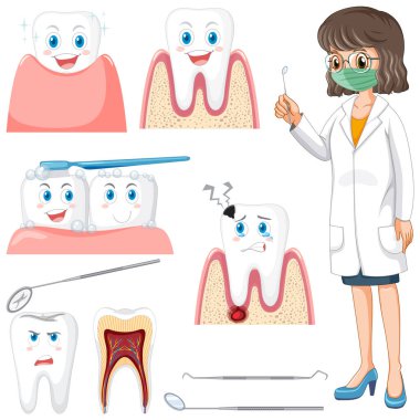 Beyaz arkaplan illüstrasyonunda her türden diş.