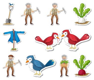 Tarla nesneleri ve çiftçi çizgi film karakterleri çizimleri etiketi