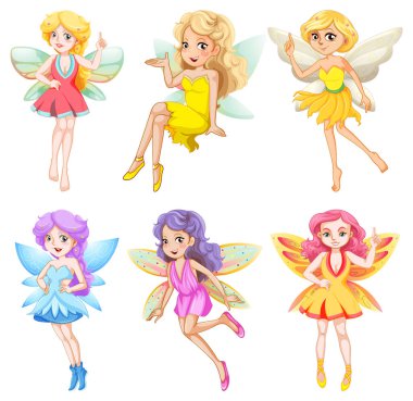 Farklı güzellikteki peri kızı çizgi film karakter çizimleri.