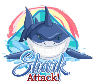 Büyük mavi köpekbalığı ve köpekbalığı saldırı metni illüstrasyonlu bir Deniz logosu