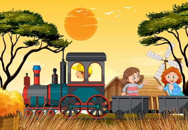 Kids Train Natural Scene Illustration — Stock Vector