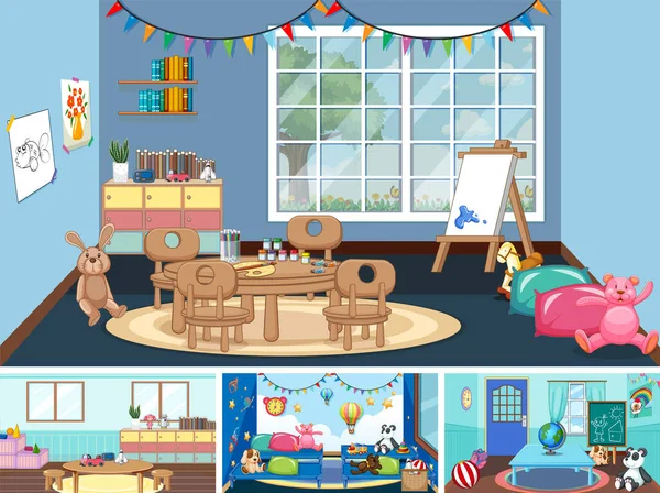 Set Different Kindergarten Classroom Scenes Illustration — Stock Vector