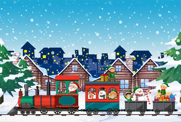 Santa Elves Riding Train Illustration — 图库矢量图片