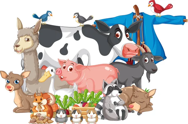 Group Farm Animals Sitting Scarecrow Illustration — ストックベクタ