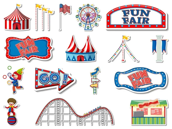 Sticker Set Amusement Park Fun Fair Objects Illustration —  Vetores de Stock