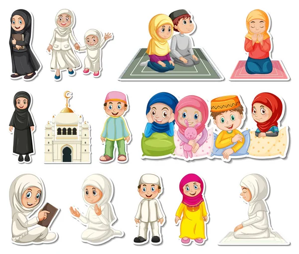 Zestaw Naklejek Islamskich Symboli Religijnych Postaci Kreskówek Ilustracja — Wektor stockowy