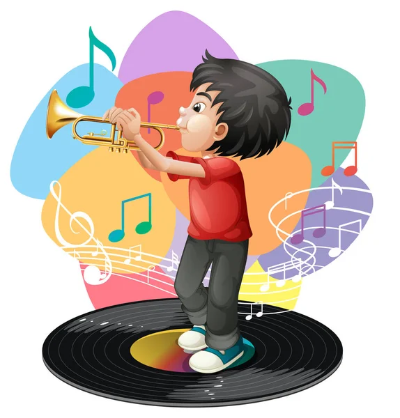 Boy Playing Trumpet Music Melody Symbols Illustration — Stock Vector