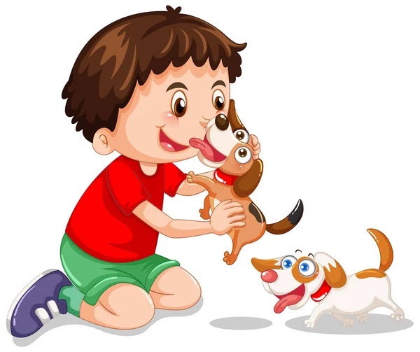 Een Jongen Spelen Met Zijn Honden Illustratie — Stockvector