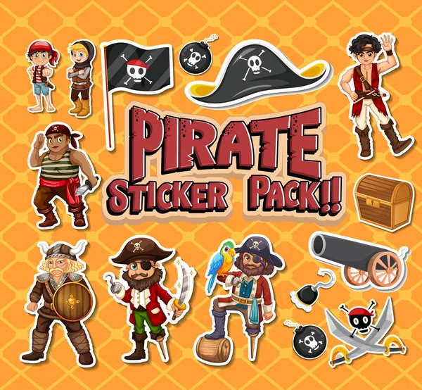 海賊漫画のキャラクターやオブジェクトのイラストのステッカーパック — ストックベクタ