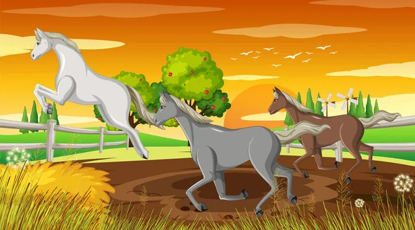 Horse Riding Scene Horses Running Illustration — ストックベクタ