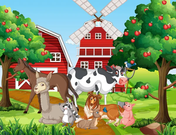 Granja Escena Con Muchos Animales Ilustración — Vector de stock