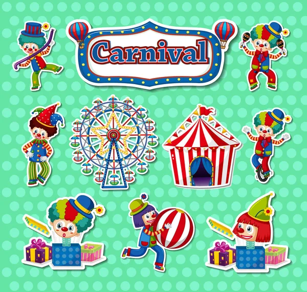 Sticker Set Amusement Park Objects Cartoon Characters Illustration — Image vectorielle