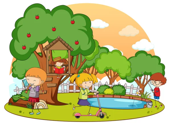 Prosty Domek Drzewie Dziećmi Tle Natury Ilustracji — Wektor stockowy