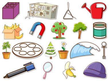 Karışık günlük nesneler çizimi etiketi