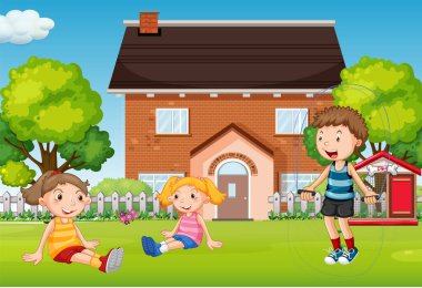 House scene with many kids illustration