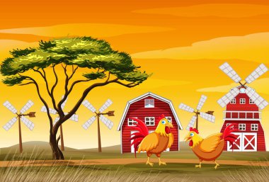 Farm scene with chickens in the field illustration