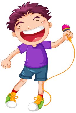 Çocuk mikrofon resimleriyle şarkı söylüyor.