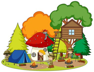 Park illüstrasyonunda kamp yapan çocukların olduğu sahne