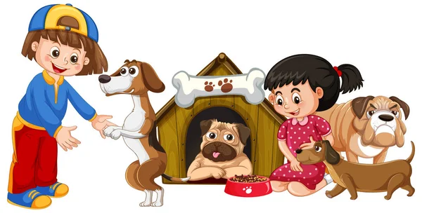 Děti Hrají Svými Psy Ilustrace — Stockový vektor
