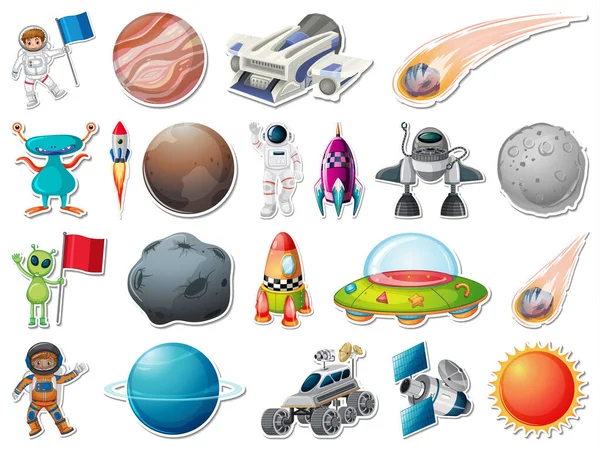 Sticker Set Outer Space Objects Astronauts Illustration — Wektor stockowy