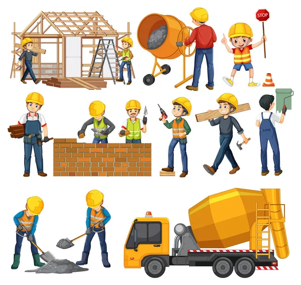 Set Construction Site Objects Workers Illustration — Stock Vector