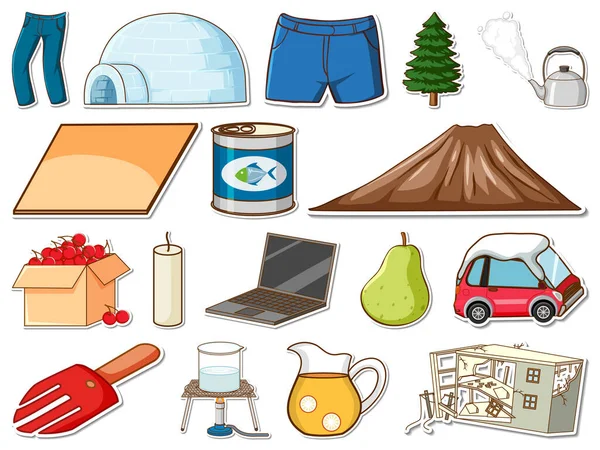 Sticker Set Mixed Daily Objects Illustration — 스톡 벡터