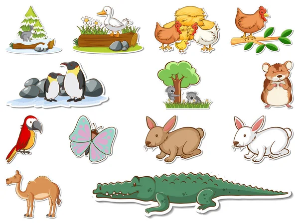 Sticker Set Cartoon Wild Animals Illustration — Vector de stock