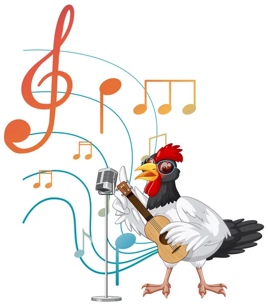 Pollo Suonare Chitarra Cantare Con Note Musicali Sfondo Bianco Illustrazione — Vettoriale Stock