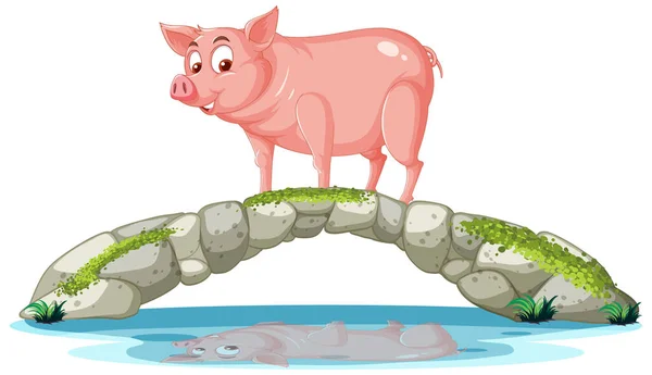 Pig Standing Stone Bridge Illustration — стоковый вектор