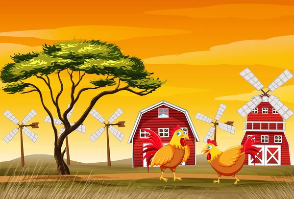 Αγροτική Σκηνή Κοτόπουλα Στο Πεδίο Εικονογράφηση — Διανυσματικό Αρχείο