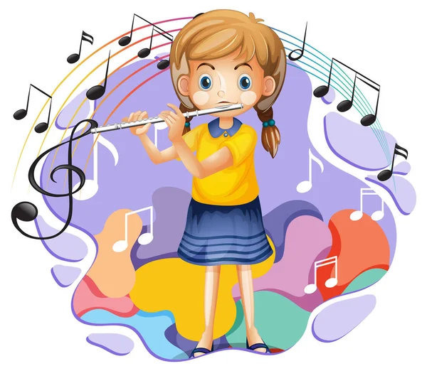 Girl Playing Flute Music Melody Symbols Illustration — 스톡 벡터