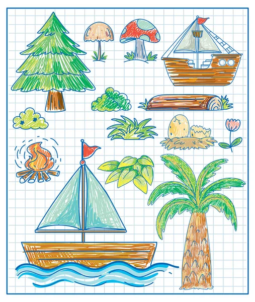 子供たちの手描きのドア船やボートのイラスト — ストックベクタ